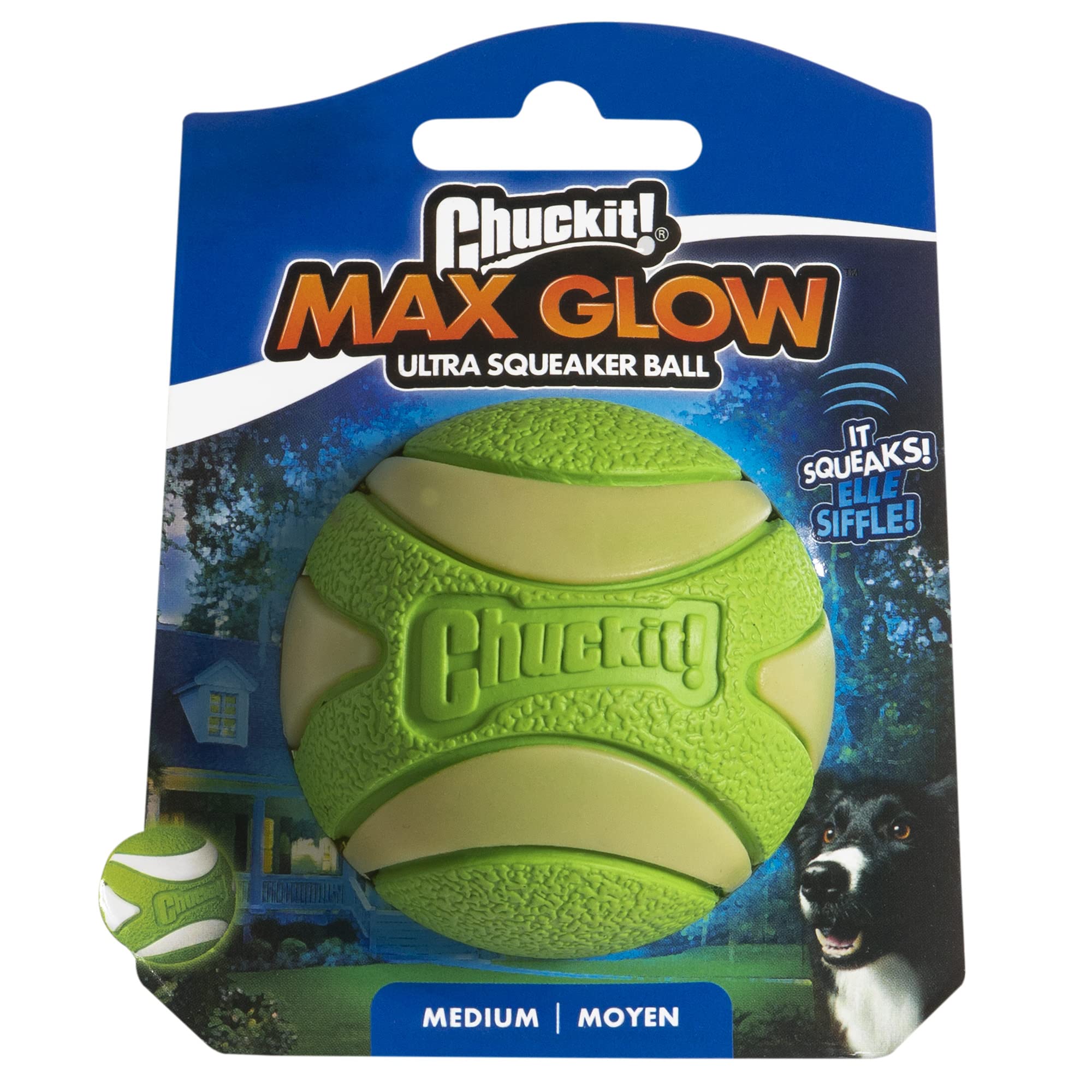 Chuckit! Max Glow Ultra Squeaker Ball, Medium (2.5 Inch Diameter), 1 Pack, For Breeds 20-60 Lbs